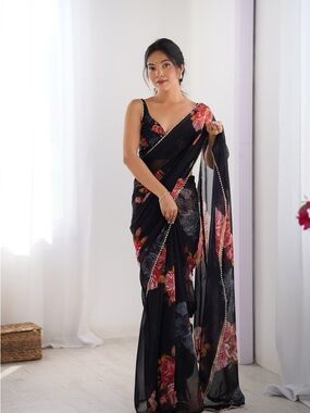 Black Floral Print Georgette Saree Set and Rose Morif